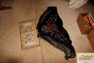 An Oriental embroidered shawl and a Chinese wall h
