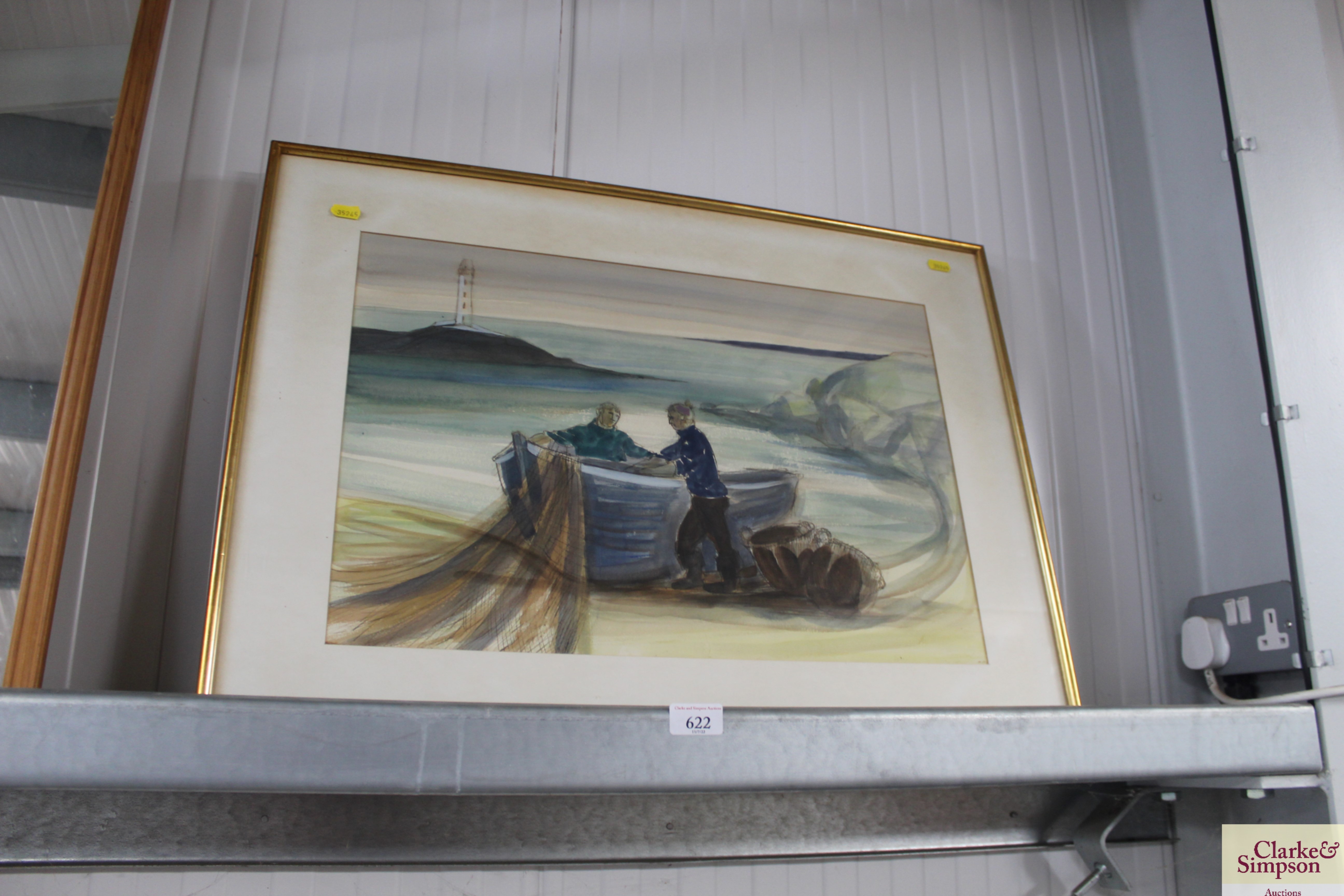 A watercolour depicting a fishing boat indistinctl