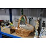 A wicker basket and contents of glassware; and a v