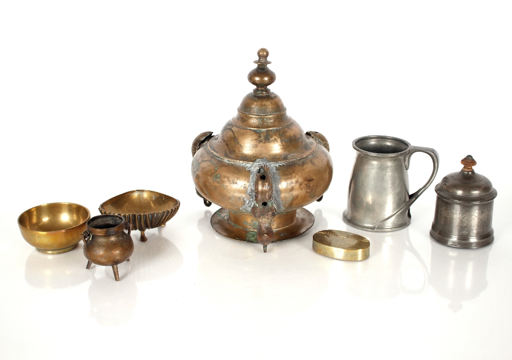 An antique Russian brass hanging oil lamp, with figure head decoration AF; various brass items;