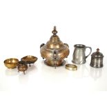 An antique Russian brass hanging oil lamp, with figure head decoration AF; various brass items;