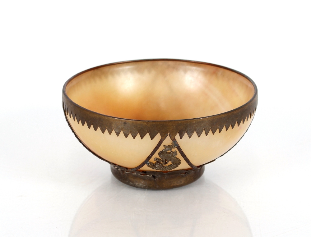 A Chinese golden hardstone bowl, with applied metal mounts, square seal mark to base, 11cm dia.
