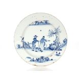 A mid 18th Century Bristol Delftware charger, painted in blue with two Oriental figures in