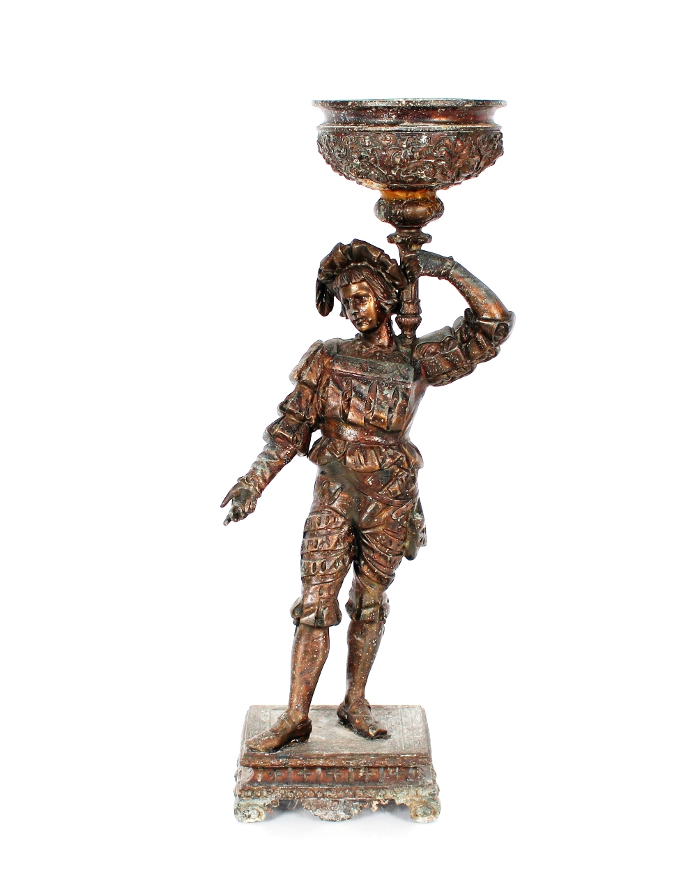 A Continental bronzed spelter figural planter, in the form of a jester holding a torch aloft, 61cm