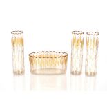 A set of three glass vases, and a matching oval bowl with gilt wheat ear decoration