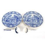 Two 19th Century English print ware plates, decorated rural scenes; and two Victorian blue and white