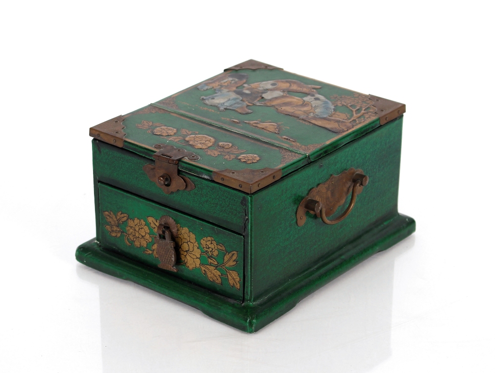 A Chinese green lacquer and chinoiserie dressing table box, with lift up mirror interior and