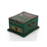 A Chinese green lacquer and chinoiserie dressing table box, with lift up mirror interior and