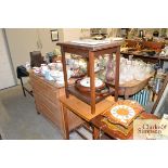 Two oak occasional tables and a mahogany storage u