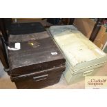 Two painted metal trunks and contents of vintage c