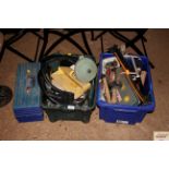 Three boxes containing various hand tools and fitt
