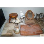 A leather satchel; shaving mirror; three legged st