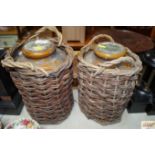 Two stoneware jars in baskets