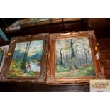 Jeasey, a pair of oils on canvas depicting woodland and river scenes