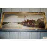 Alice Moore signed oil on board, study of barges a