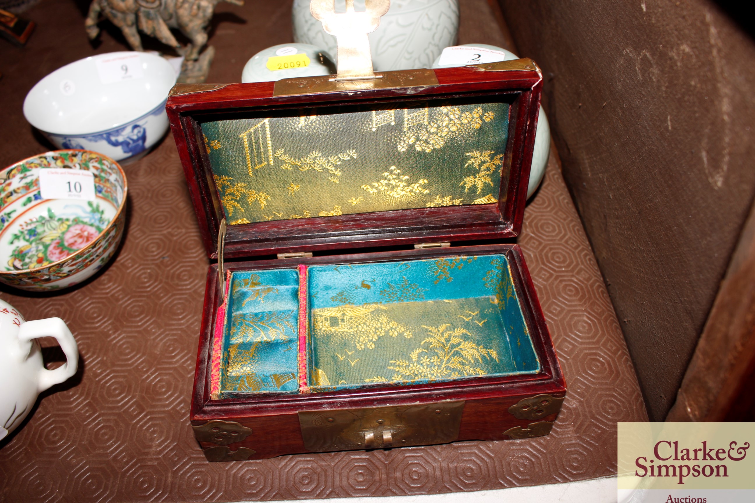 A Chinese wooden jewellery box with green stone in - Image 2 of 2