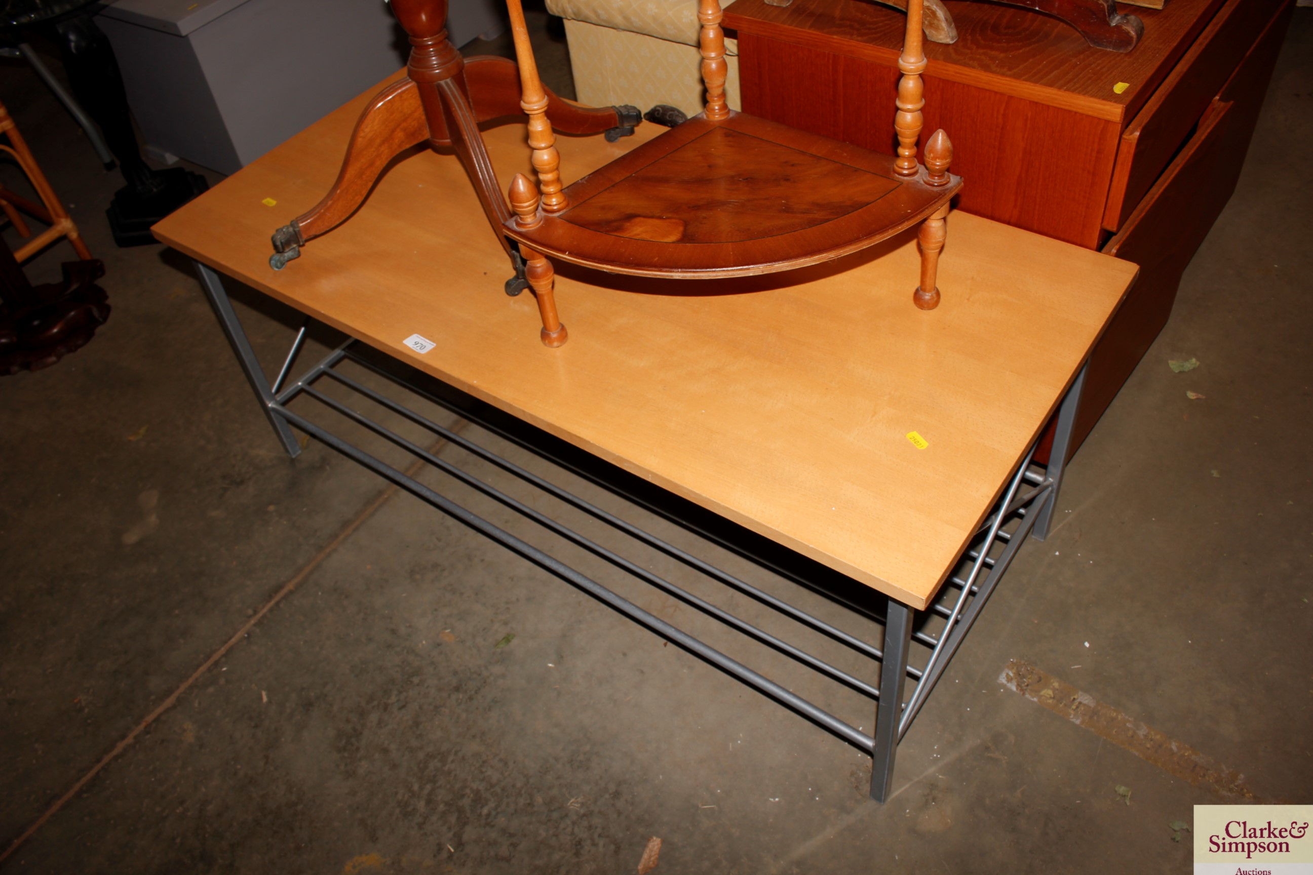 A modern metal framed coffee table