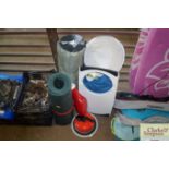 A tent roll mat; a kettle etc