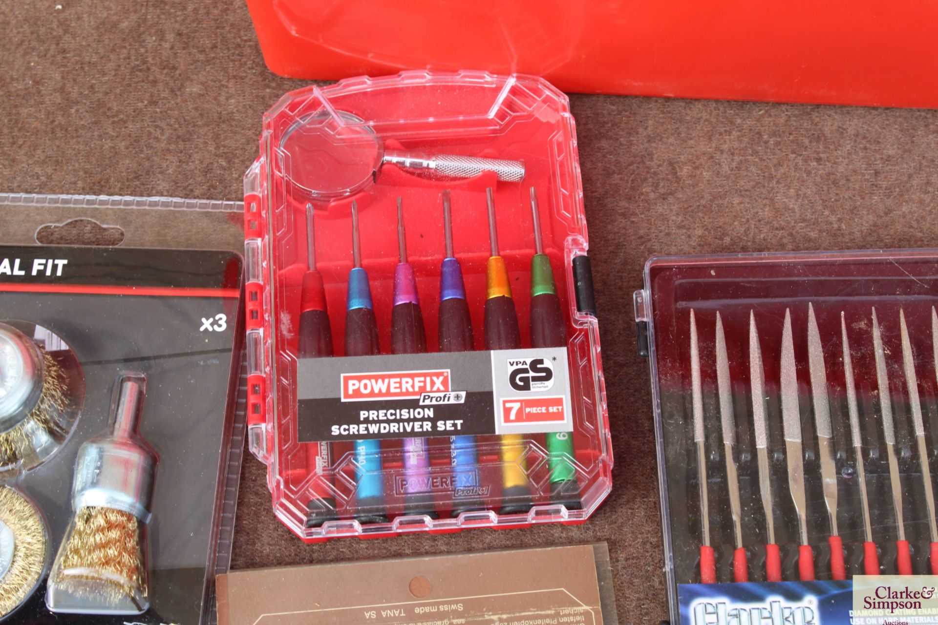 Box containing hot air gun, Clarke diamond coated needle file set, unused torch, wire brush set - Image 3 of 6