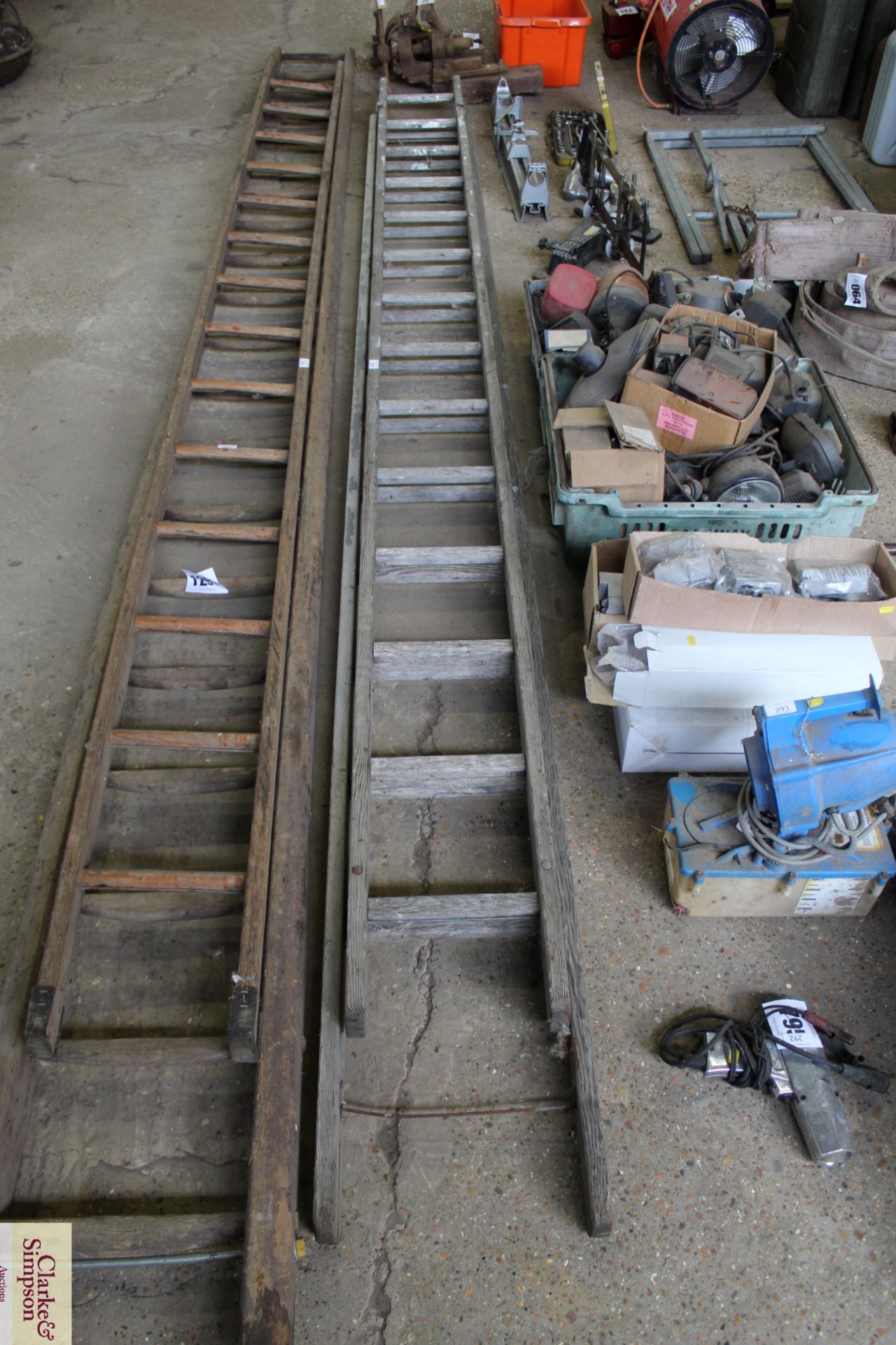 A wooden extending ladder