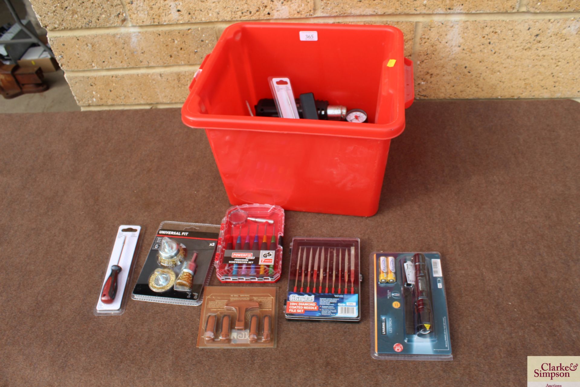 Box containing hot air gun, Clarke diamond coated needle file set, unused torch, wire brush set