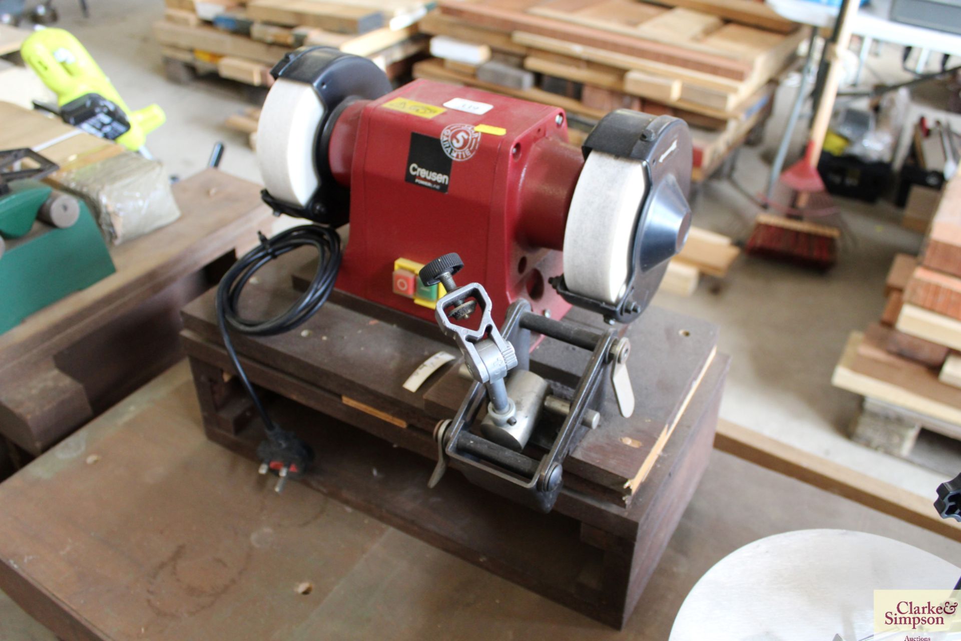 Creusen DS7500TS 240v double bench grinder with sharpening guide on wooden plinth. - Image 2 of 6