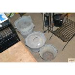 Two galvanised buckets, a galvanised lidded pail,