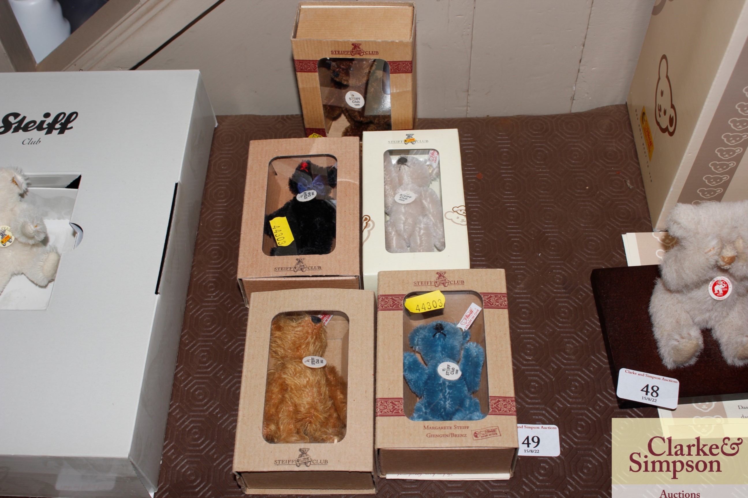 Five boxed Steiff Bear Club bears 1998,1999, 2000,