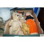 Two vintage Teddy bears with glass eyes, a vintage Vulcan minor child's sewing machine in original