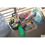 A plastic pail of tools, a box of tools containing