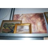 Two photographic prints and an oil on canvas depict