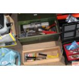 A metal tool box and contents of tools and a woode