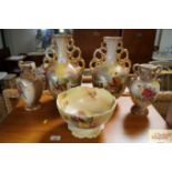 A Carlton ware bowl and two pairs of vases