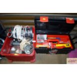 A box containing various lights; and a tool box an