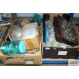 Two boxes of kitchenalia to include baking trays,