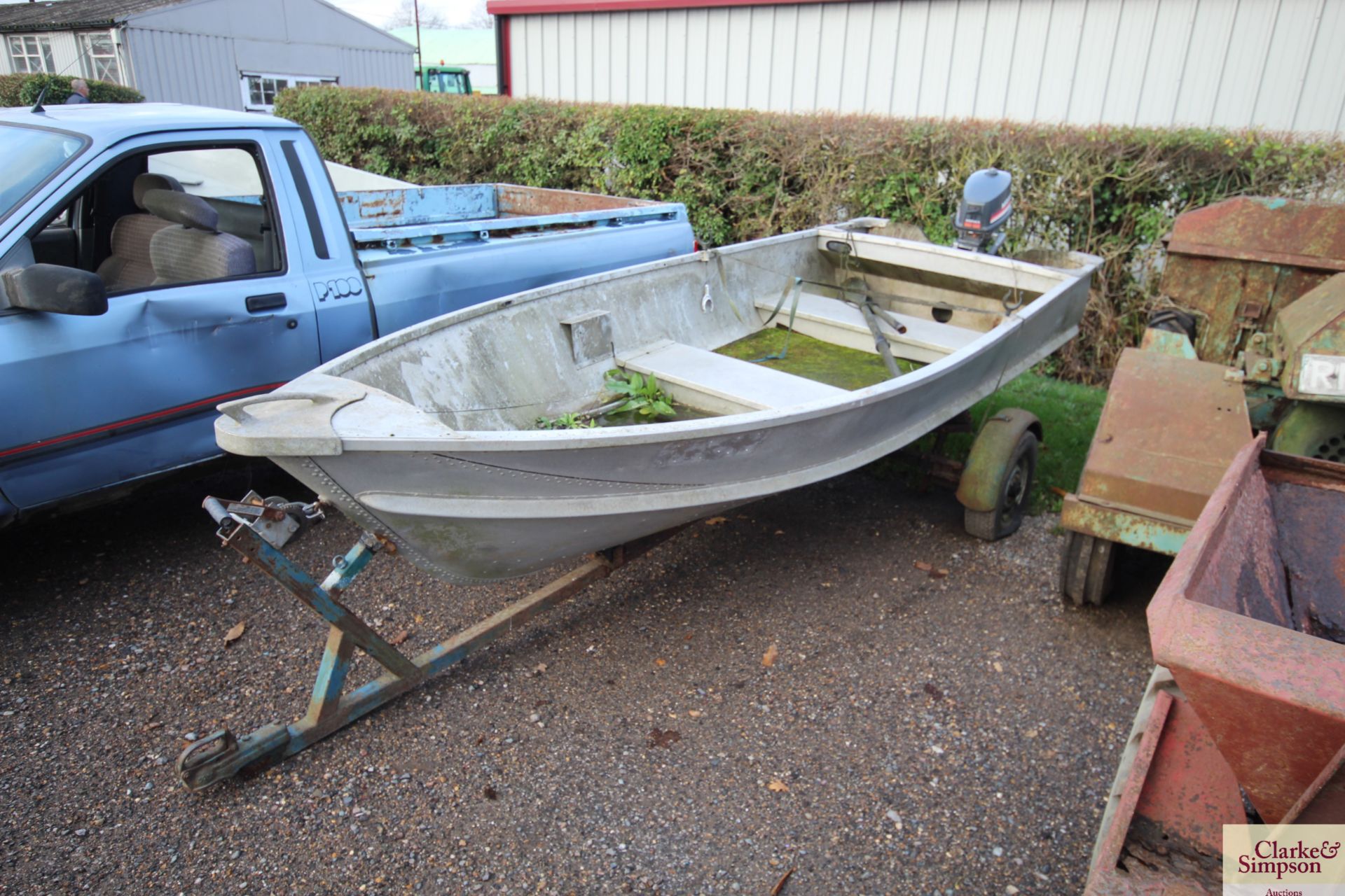 14ft aluminium boat. With Mariner 4HP outboard and trailer.