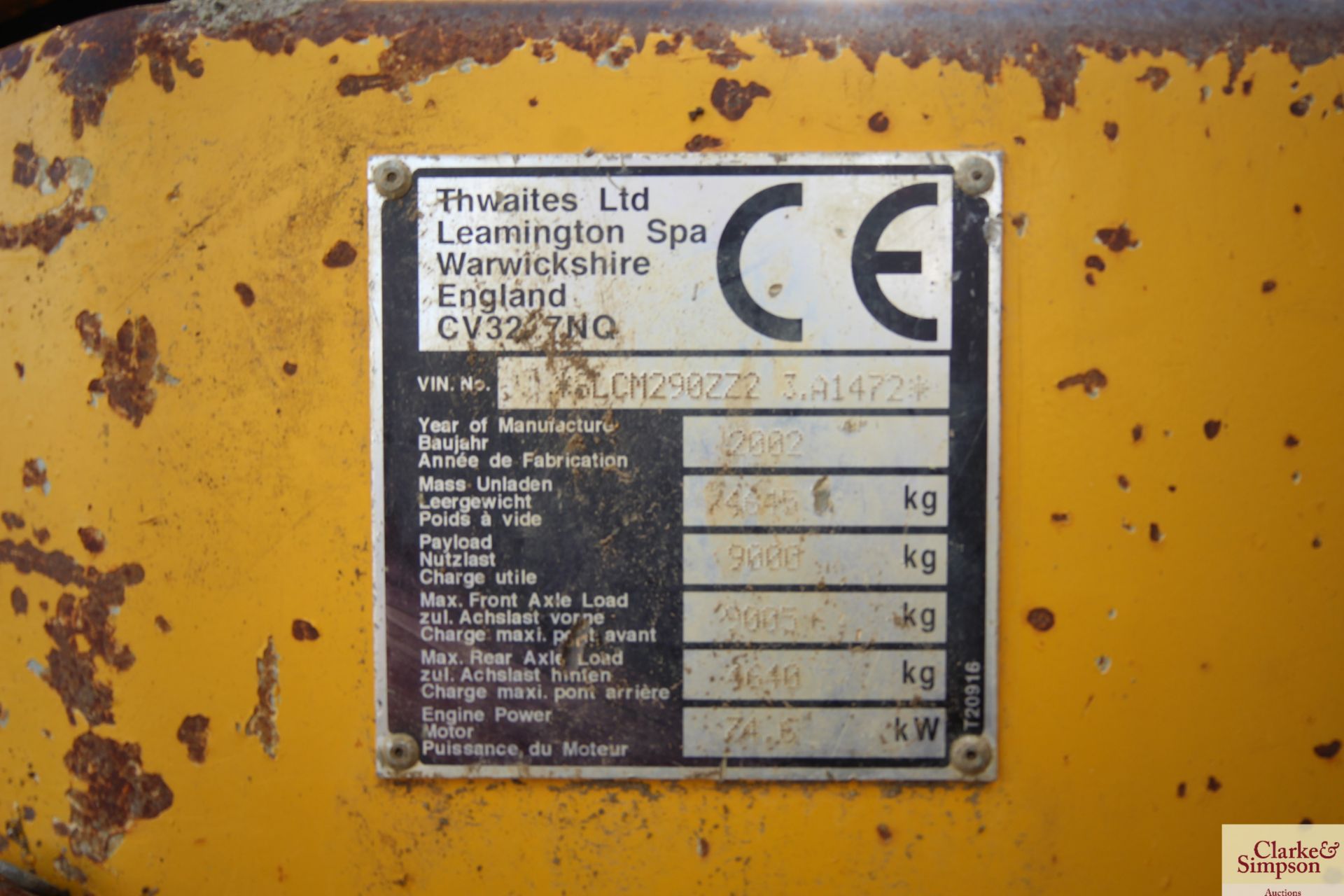 Thwaites 9T 4WD dumper. 2002. 500/60-22.5 wheels and tyres. Perkins engine. Vendor reports dumper - Image 27 of 38