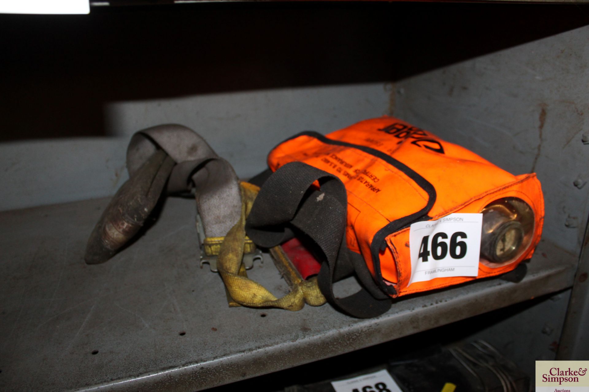 Escape kit with mask and oxygen bottle and safety harness. Requires testing.