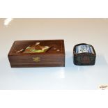 An Oriental inlaid wooden trinket box and a papier