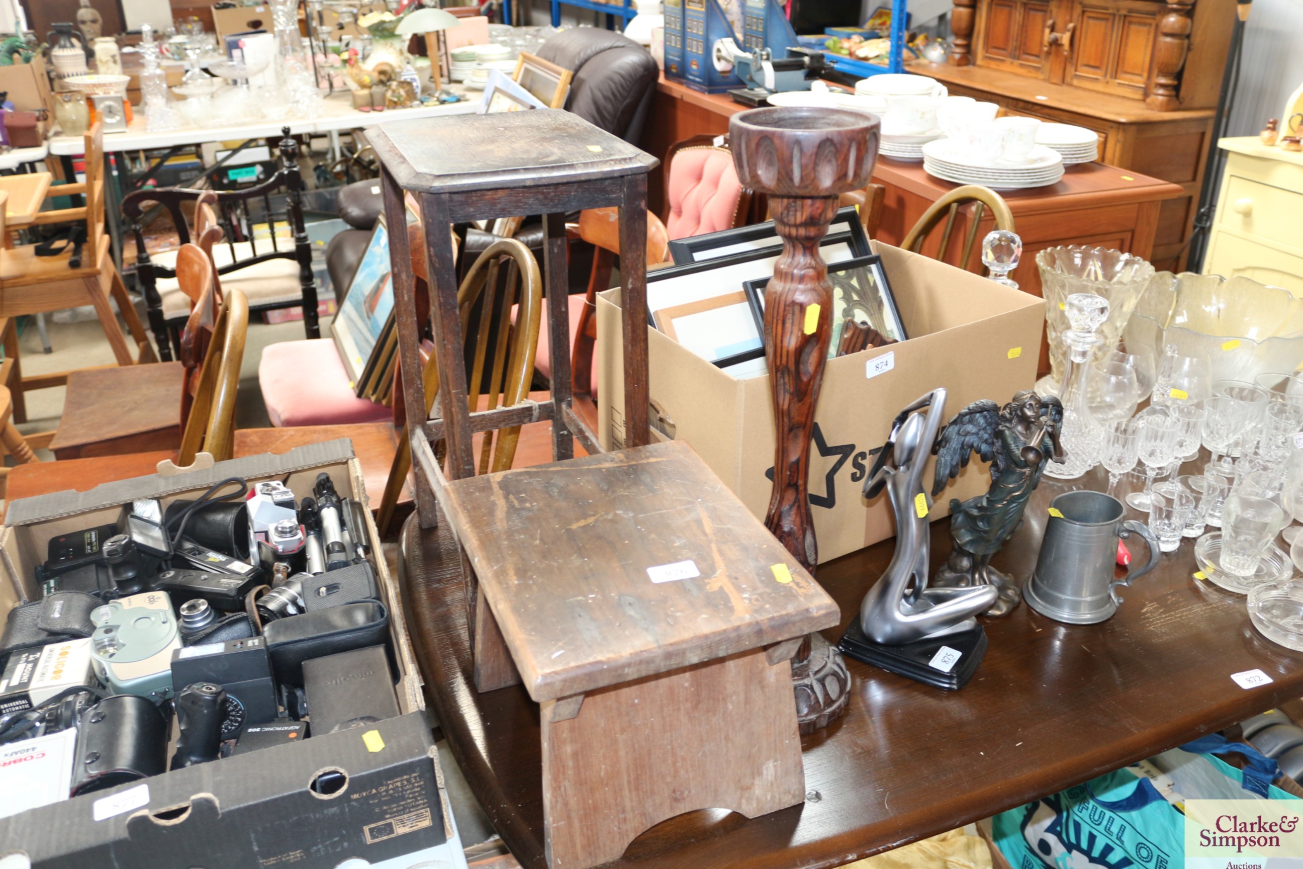 A pitch pine candle holder, a small side table and