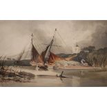 Attributed Alfred Priest, study of barges possibly on the Norfolk Broads, church and cattle in the