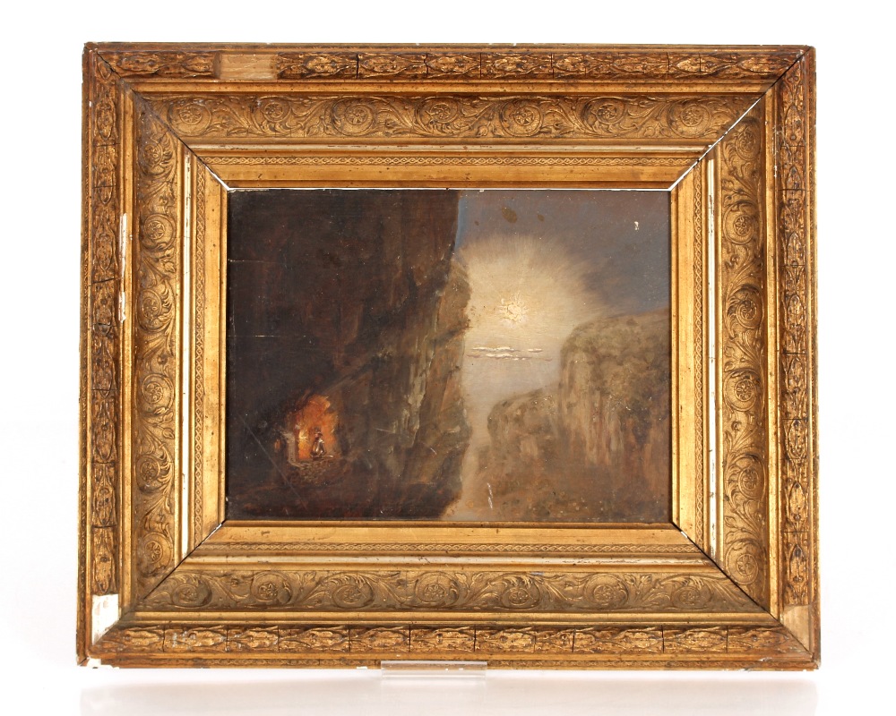 Gerard Van De Boer, study of a soldier crouched in a cliff side cave, unsigned oil on panel, label - Image 2 of 2