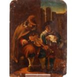 18th Century school, possibly Dutch, study of street musicians, unsigned oil on copper panel, 22cm x