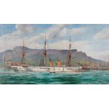 J.T. Banks, "HMS Boadicea Of The White Fleet" in continental harbour with other ships, signed oil on