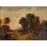 R Cook, study of a figure on country path with cottage and woodland nearby, signed oil on canvas,
