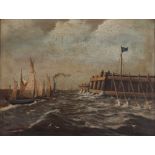 Ellis, study of Harwich harbour with boats approaching, signed oil on board, 21.5cm x 28cm