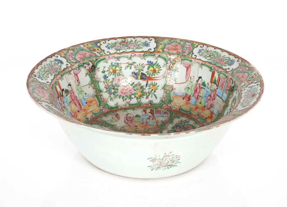 A large 19th Century Cantonese bowl decorated in the traditional manner, famille rose figures, birds - Image 4 of 5