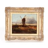 Norfolk school, landscape study with figure walking along a country path with windmill nearby,