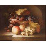 Continental school still life study with fruit on  a ledge, unsigned oil on board, 20cm x 24cm