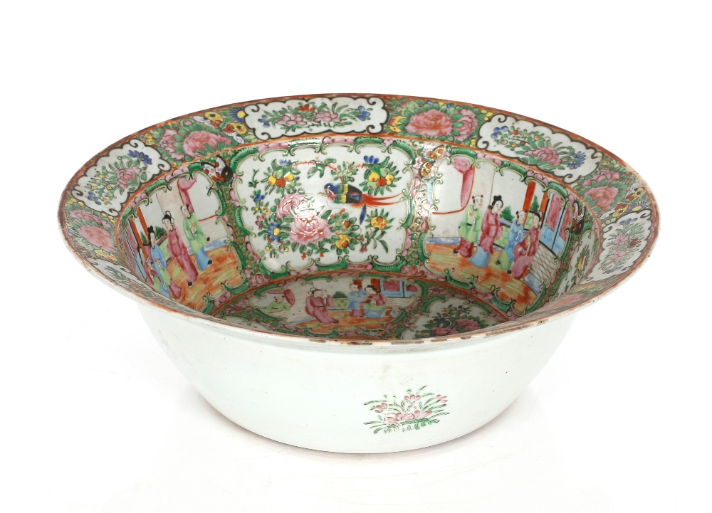 A large 19th Century Cantonese bowl decorated in the traditional manner, famille rose figures, birds - Image 5 of 5